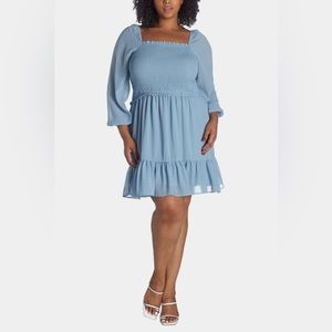 Brand New Porcelain Blue Smocked Top Ruffle Hem Dress - Size 1X